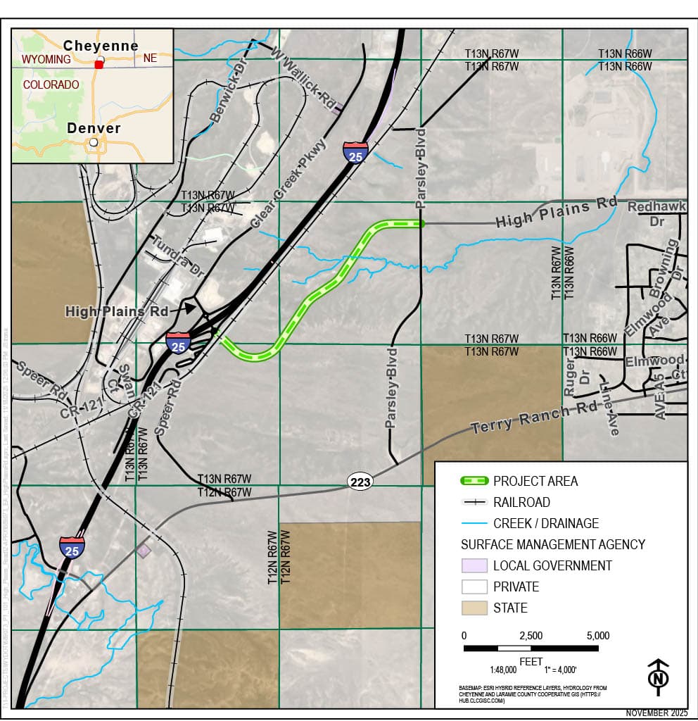 Figure 2-2 EA Proposed Action Location Map showing the High Plains Road Extension Project area in Laramie County, Wyoming, with project area highlighted in green, roads, railroads, creeks, land ownership, and regional context inset map